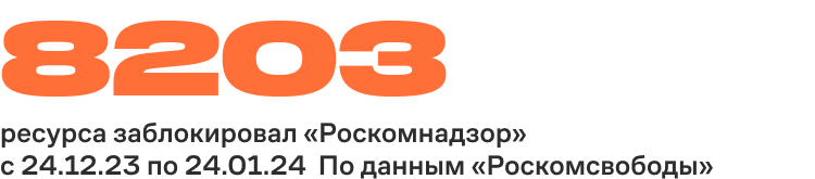 8203 ресурса заблокировал «Роскомнадзор» с 24.12.23 по 24.01.24 По данным «Роскомсвободы»