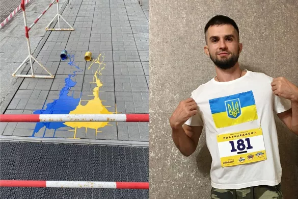 Облитый краской вход в мэрию Новосибирска, из-за этой акции Станислава Карзанова оштрафовали 93 тысячи рублей. Андрея Корольчук, против которого возбудили и прекратили административное дело о «дискредитации армии», за пробежку в футболке с флагом Украины / Фото: телеграм-канал Анатолия Локотя и Андрей Корольчук