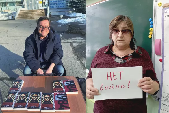  Активіст Дмитро Силін, оштрафований за роздачу книг, та вчителька Любов Жильцова, оштрафована за фото з плакатом/Фото телеграм-канал «Римський» та соцмережі вчительки
