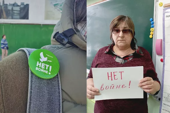 Polina Barinova, detained because of her «No to War» pin and a teacher Lyubov Zhiltsova, fined for posting a photo with a «No to War» poster / Photo provided by the detainee and the teacher’s social media accounts